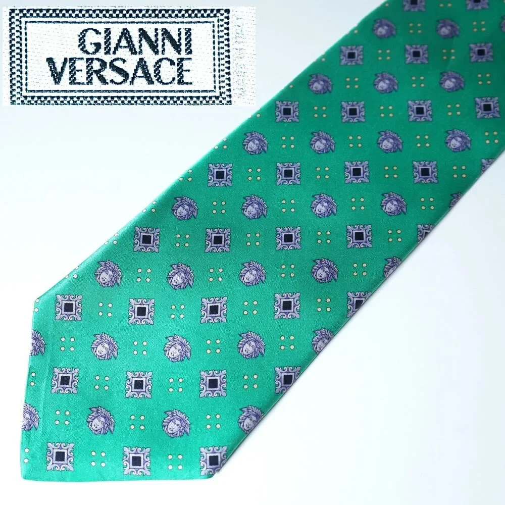 Gianni Versace Vintage Neck Tie Green Aqua Medallion Logo Pattern